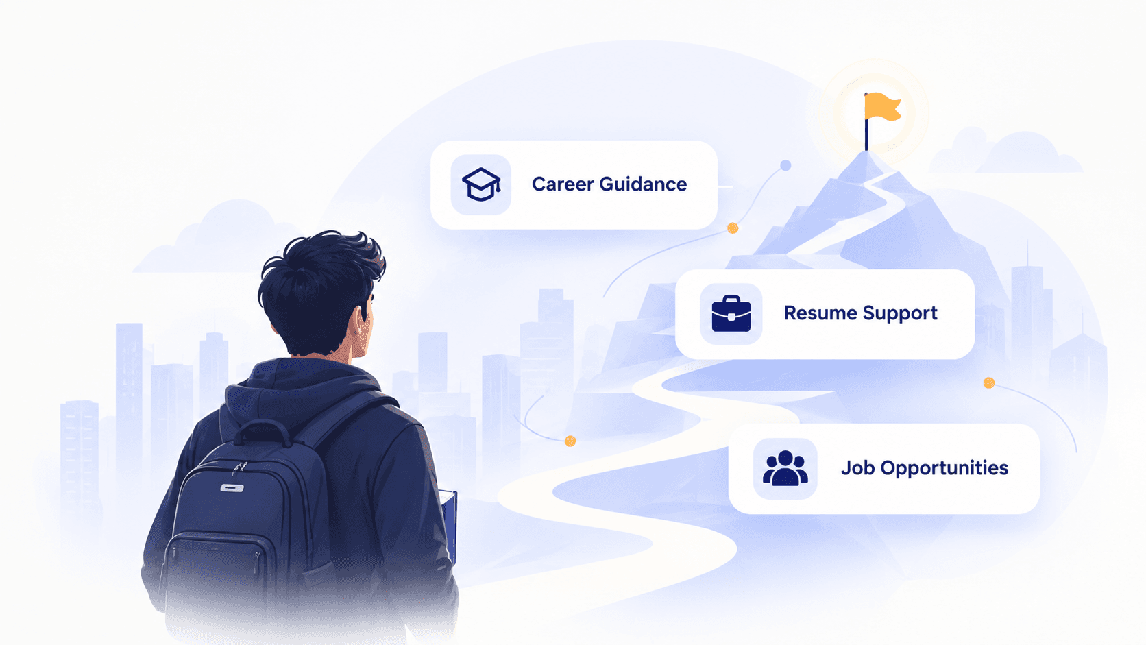 A student looking toward a mountain path leading to career guidance, resume support, and job opportunities