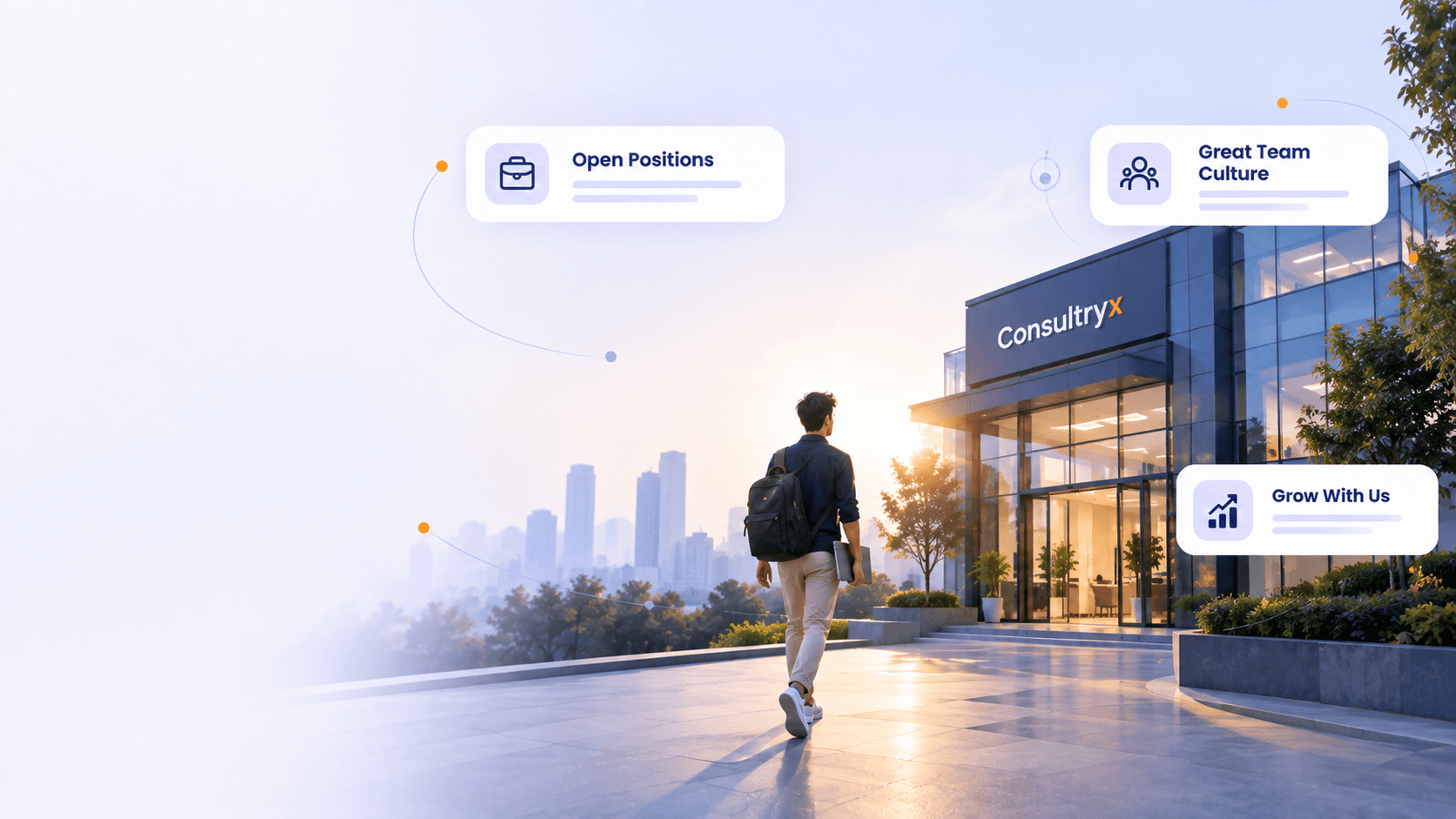 A professional walking toward the Consultryx office, with floating cards for open positions, team culture, and growth
